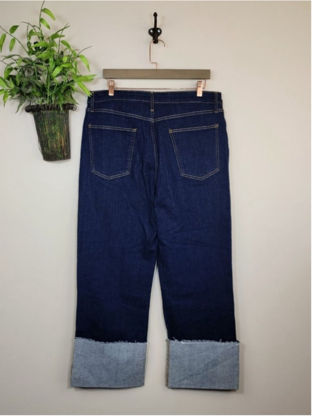 Pilcro 32 Scotty Wide Straight Leg Jeans Dark Rinse Wash High Cuff Tall Raw Hem - Picture 9 of 10
